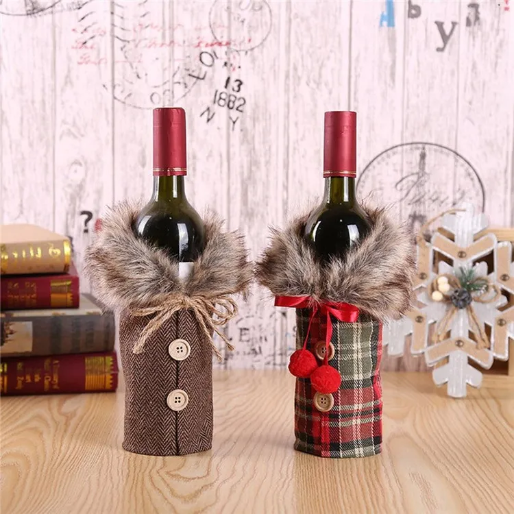 Couverture de vin créative avec des vêtements de bouteille de lin à carreaux avec des peluches Couverture de bouteille de vin créative Mode Décoration de Noël