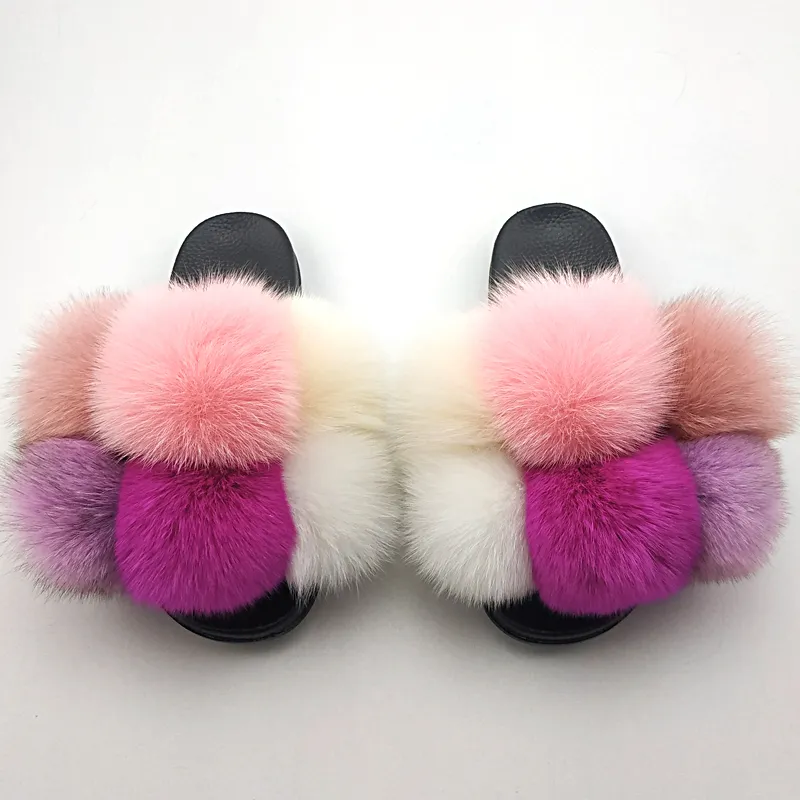 Vente chaude-Furry Diapositives Pour Femmes D'été Fluffy Pantoufles Maison Femmes Grande Fourrure Femme Sandales Mode Intérieur Dames Tongs Avec Pompon