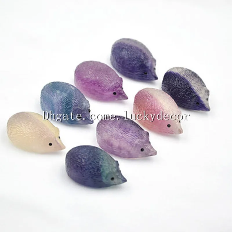 10Pcs 1.3'' Mini Hand Carved Natural Stone Fluorite Quartz Crystal Hedgehog Erinaceinae Gemstone Animal Statue Figurine Carving Healing Gift