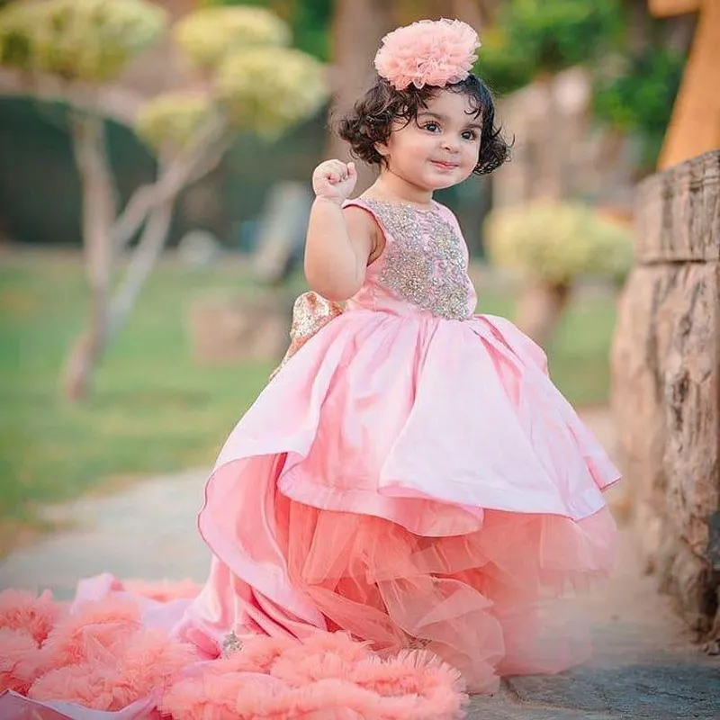 Blush Rose Toddler Hi Lo Robes De Fille De Fleur Avec Arc Appliques Perles Couches Tulle Enfants Robes De Soirée Formelle Brithday Filles Pageant Robe