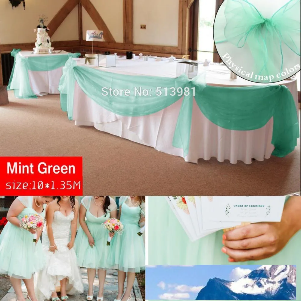 Promotion Mint Green 10m * 1.35m Sheer Organza Swag Tyg Hem Bröllop Dekoration Organza Fabric Table Gardin, HQ Gratis frakt