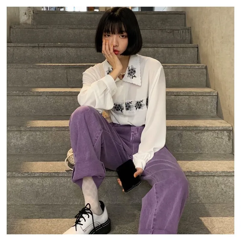 Womens Jeans High Waist Purple With Belt Harajuku Korean Ulzzang
