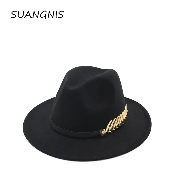 Luxus-Filzhut Panama Jazz Fedoras Hüte mit Metallblatt flacher Krempe formeller Party- und Bühnenzylinder für Damen Herren Unisex