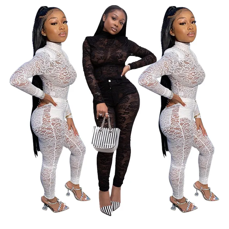 Kvinnors kostymer Sexig Lace Mesh Sheer Two Piece Set Spring Clothes Top + Pant Suit Club Party Night Födelsedagkläder för kvinnor som matchar uppsättningar