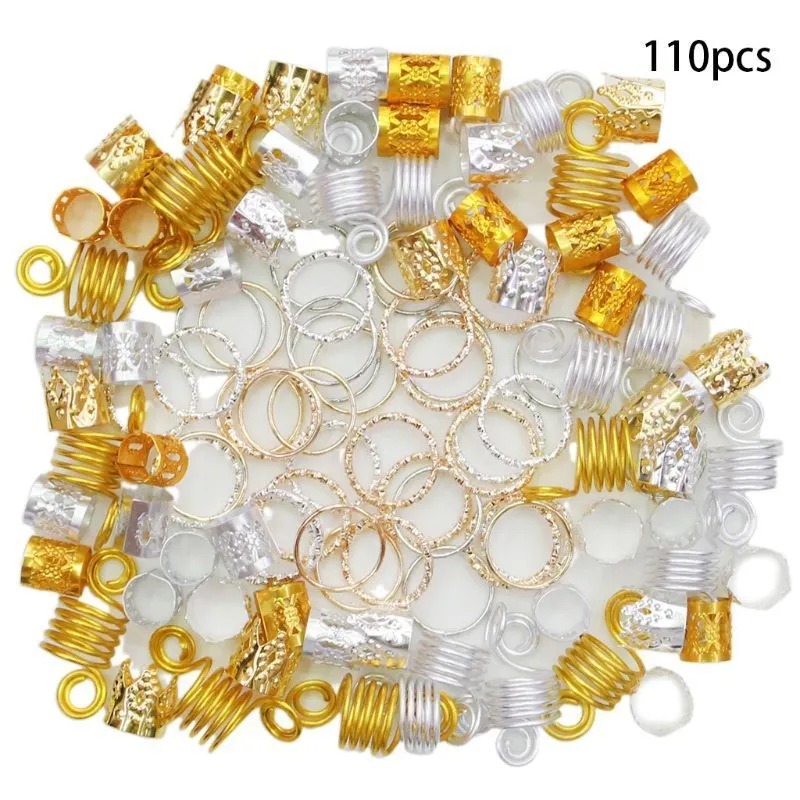 110pcs Alloy Hair Coil Dreadlocks Twisted Braid Spring Hairpin Extension Ring Crown Metal Cuffs Set för DIY Dekoration Tillbehör