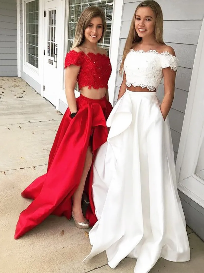 Tvåbitar asymmetriska prom klänningar med fickor topp spets pärlstav av axelflickor lång ruched party kappor homecoming dress vestidos