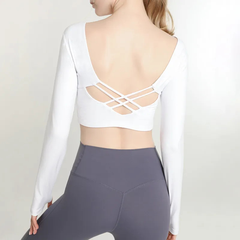 Autumn and Winter new long-sleeved yoga suit with chest pad women's short tight fitness T-shirt