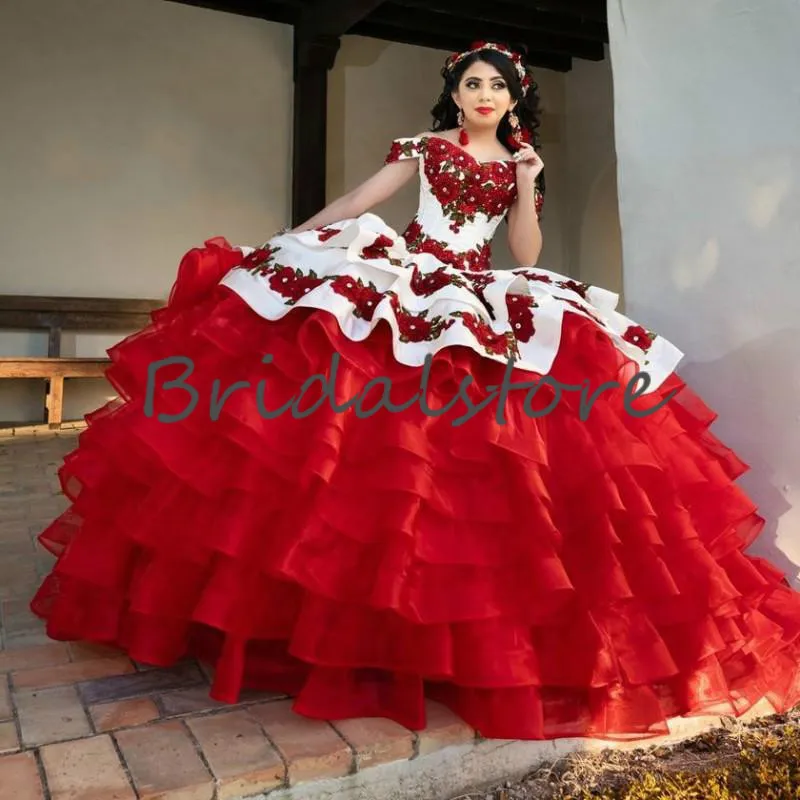 Red Mexican Mexican Red Quinceanera Dresses With Tiered Skirt And