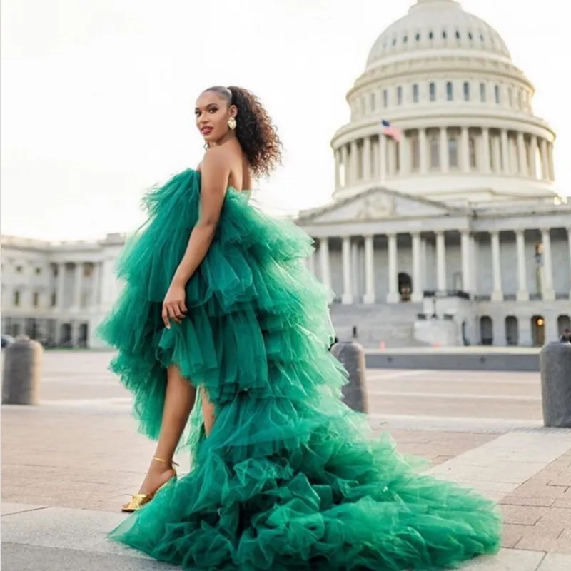 African Woman Dark Green Tulle Strapless Evening Gown with Tiered Ruffles  and Hi-Lo Sweep Train from Dhgate Evening Dresses - price 118.84