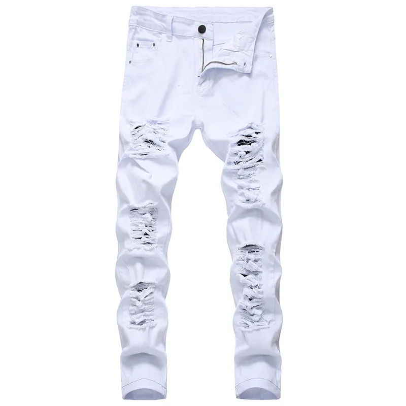 Jeans skinny pour hommes, blanc, noir, trous en détresse, pantalon en Denim pleine longueur, pantalon de Style de rue, vente en gros 0A3R