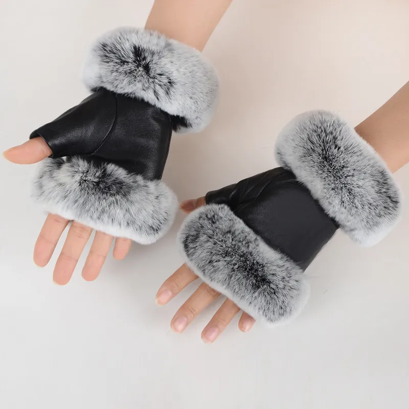 Winter Fashion Black Half Finger Genuine Leather Gloves Sheep Skin Fur Half Finger Fingerless Gloves Fur Mouth