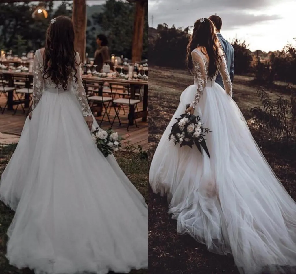 Princess Fairy Country Wedding Dresses 2021 Long Sleeve Backless Lace Tulle Bohemian Illusion Beach Bride Reception Gown Robes