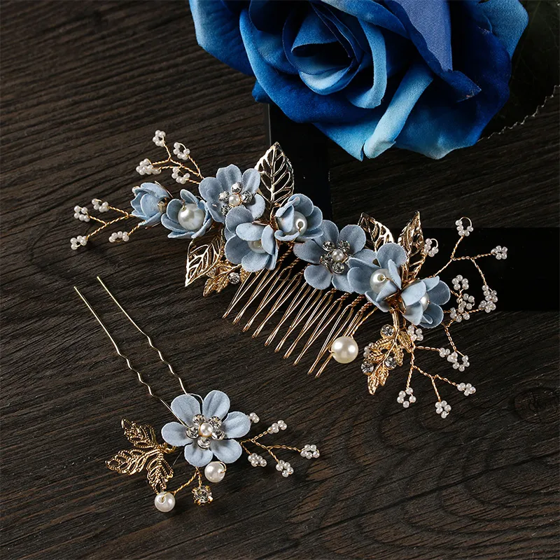 Haarklammern Barrettes Luxus Gold Blätter Schmuckstifte Blaue Blume Kämme Kopfschmuck Prom Braut Hochzeit Zubehör