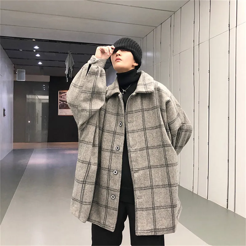 Plaid Wool Blend Winter Coat Warm Lapel Casual Men s Jacket in Orange