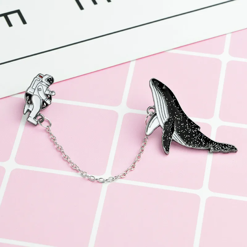 Free DHL Cartoon Animal Whales Cosmic Space Astronaut Brooch Black Enamel Pin Button Chain Denim jacket Coat Pins Badge Jewelry Gift