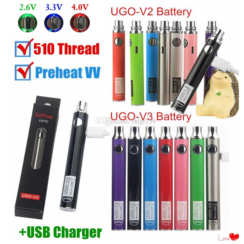 100% 本物 EcPow UGO V2 V3 III 気化器バッテリー予熱可変電圧調整可能な 510 スレッド Vape ペン EVOD EGO マイクロ USB 充電器付き