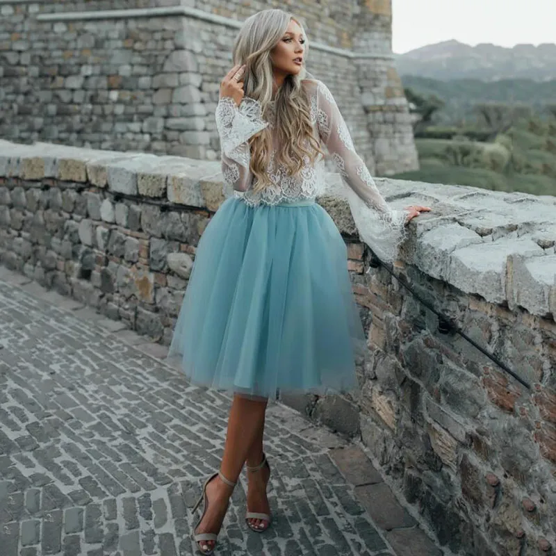 2020 Two Piece Short Homecoming Dresses Illusion Long Sleeves Lace top Prom Party Dresses Teen Girls Bridesmaid Graduation Dress Custom Made