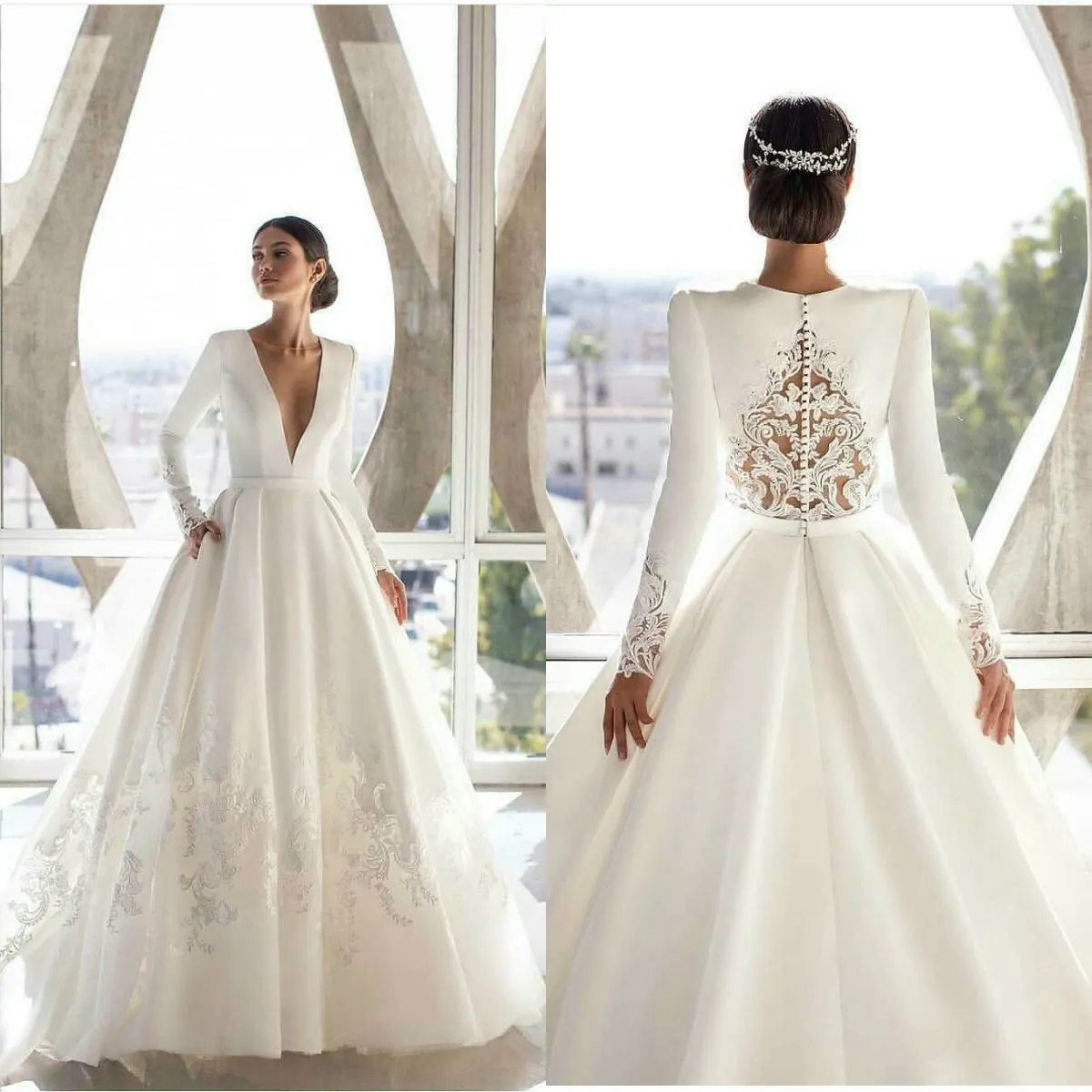 Satin Gown with V-neck and Floral Lace Appliques Gold