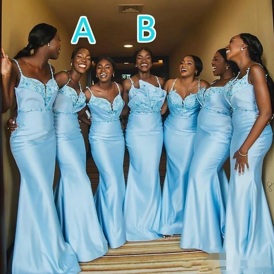 African Baby Blue Mermaid Bridesmaid Spaghetti Beaded Wedding