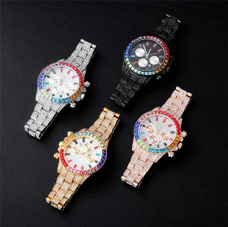 Gold Plated Bling Iced Out Colorful Rhinestone Crystal Watch Quartz Gold Hip Hop Wrist Watches With Micro Pave Cz Wristband Clock Hours