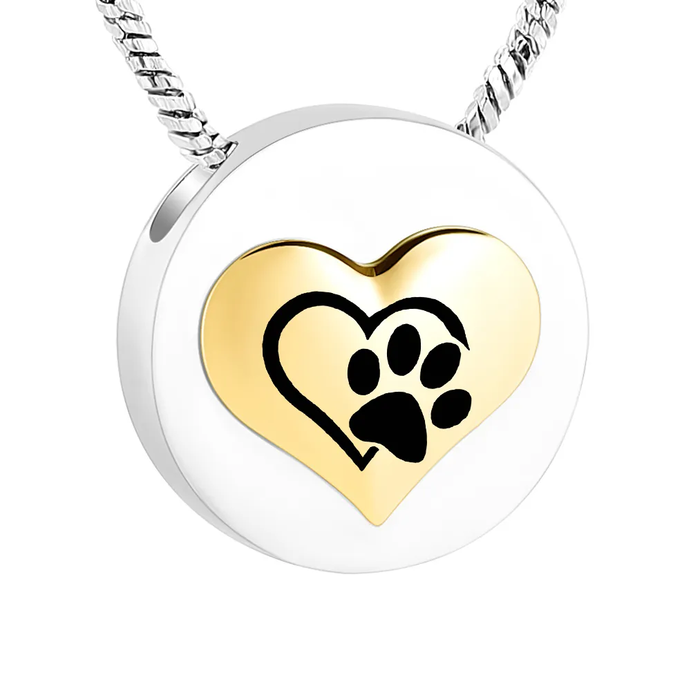 Pet Paws Print Runda Rostfritt Stål Smycken Hängsmycke Cremation Ashes Urn Memorial Halsband med Fill Kit Velvet Bag