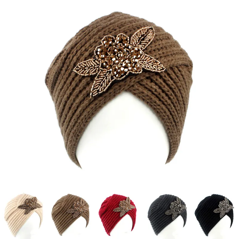 Muslim Vinter Turban Hat Varmt Kors Rhinestone Ull Sticka Cap Beanie Sova Chemo Turban Headwear Cancer Patienter Hårtillbehör