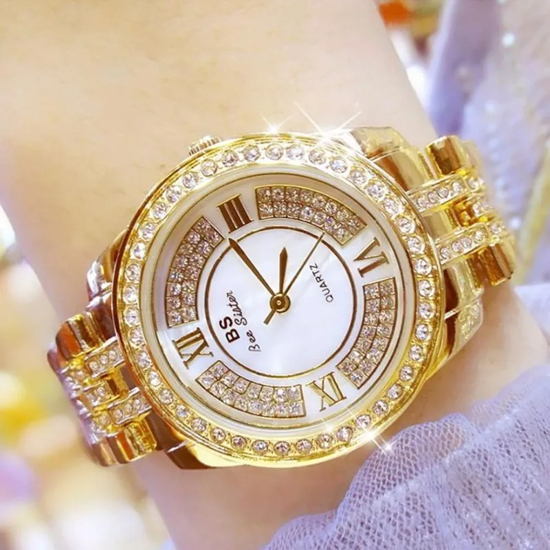 Relojes de moda con estilo, color dorado, plateado, oro rosa, INS, diamantes completos, relojes de vestir para mujer, regalo elegante brillante para niñas