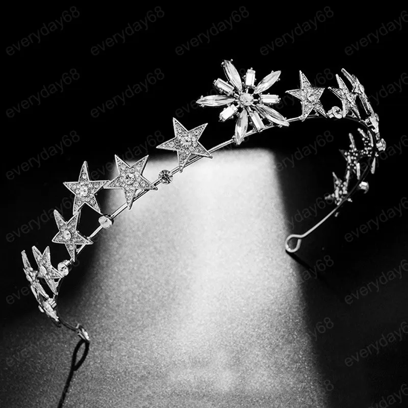 Luksusowy Silver Color Gwiazda Crown Handmade Crystal Alloy Tiaras Biżuteria Włosów Kobiety Headpaice Bride Noiva Ślub Headdress