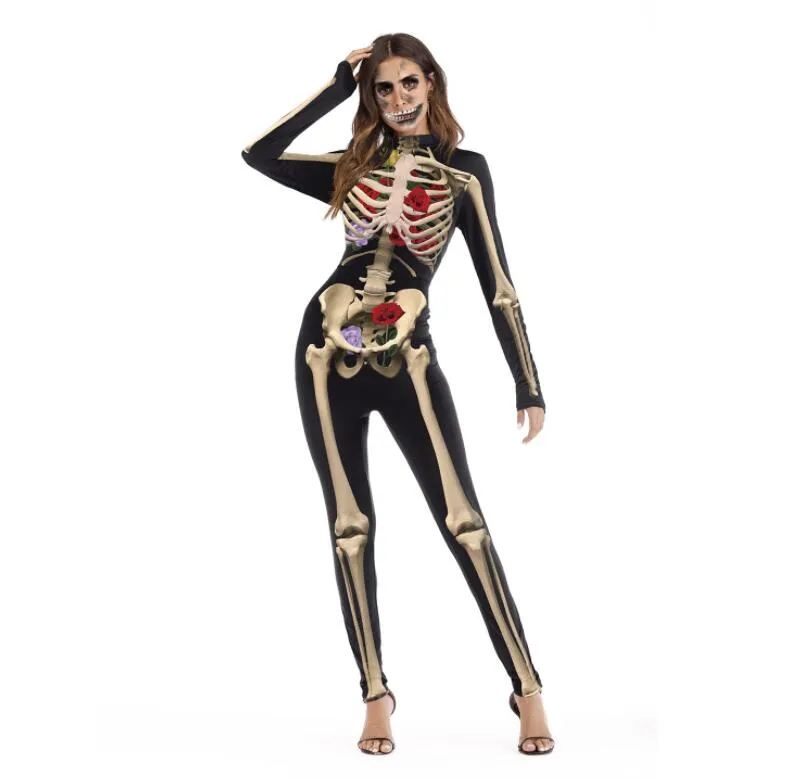 Verkäufe Halloween Frauen engen Schädel Body Langarm Polyester Skelett Party Festival Kostüm Blut Rose schlanker Body