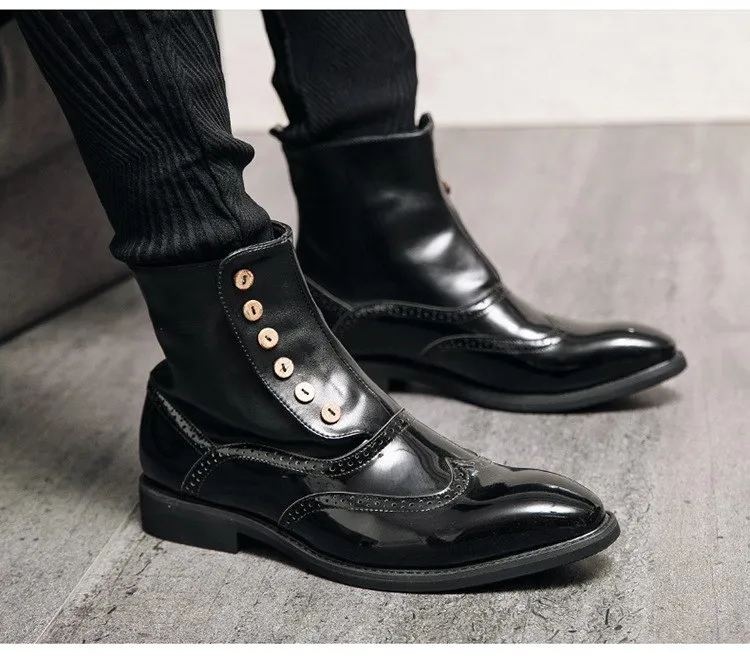 New Arrival Men`s Green Ankle Boots Pointed Toe Patent  Brogue Shoes High Top Short Boots For Man Motorcycle 38-46 XT8589-2