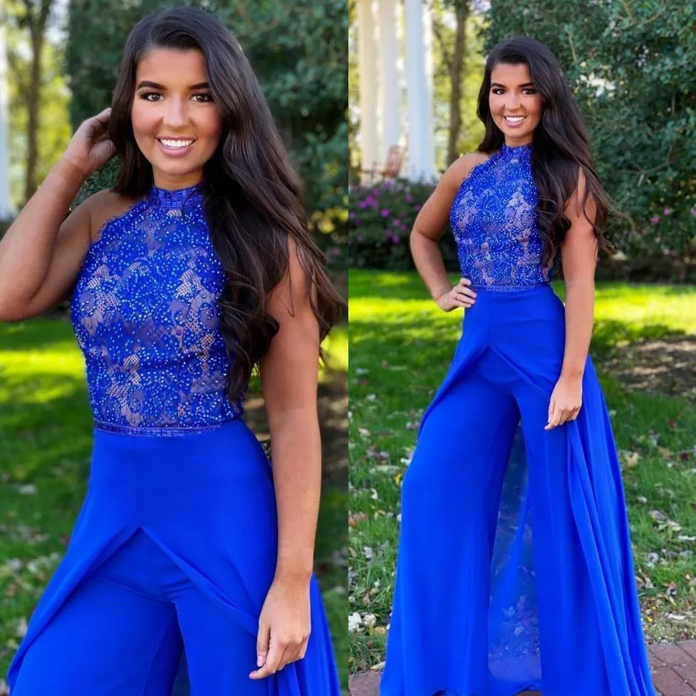 2021 Modest Royal Blue Evening Dresses Sleeveless Overskirt Chiffon Beaded Lace Applique Jumpsuit Custom Made Formal Prom Party Gown