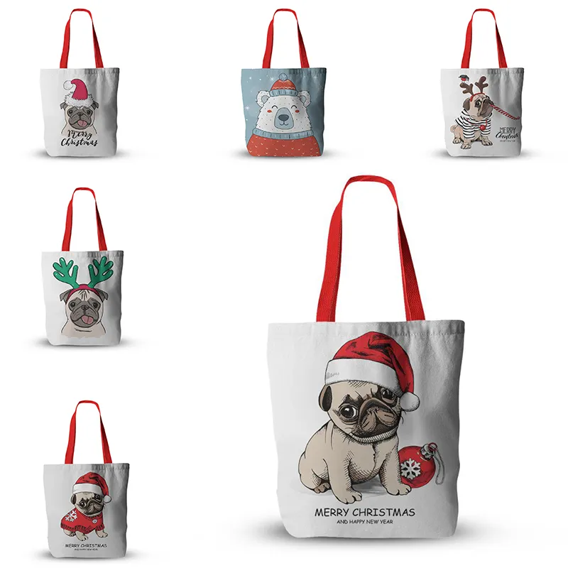 Kerst Gift Tassen Leuke Pug Afdrukken Opvouwbare Boodschappentassen Lichtgewicht Handtas Outdoor Storage Xams Canva Bag DA966