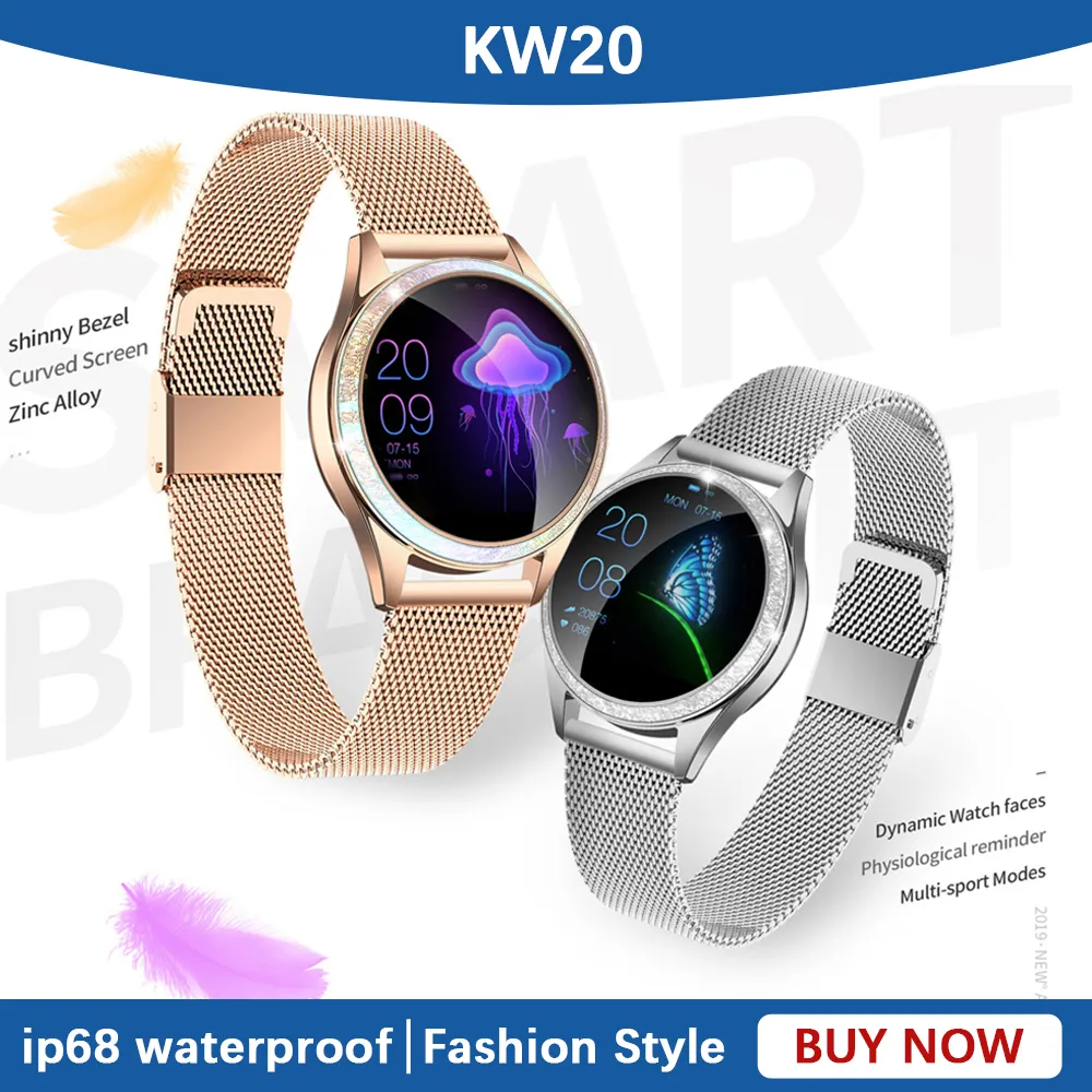 KW20 SmartWatch IP68 Relógio inteligente à prova d'água para a frequência cardíaca feminina para a faixa feminina de moda Android iOS Banda de fitness vs KW10