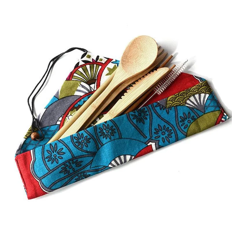 6 stks / set Bamboe Platgerei Portable Easy Carrying Servies Set Bamboo Straw Set met tas en borstel Outdoor Camping