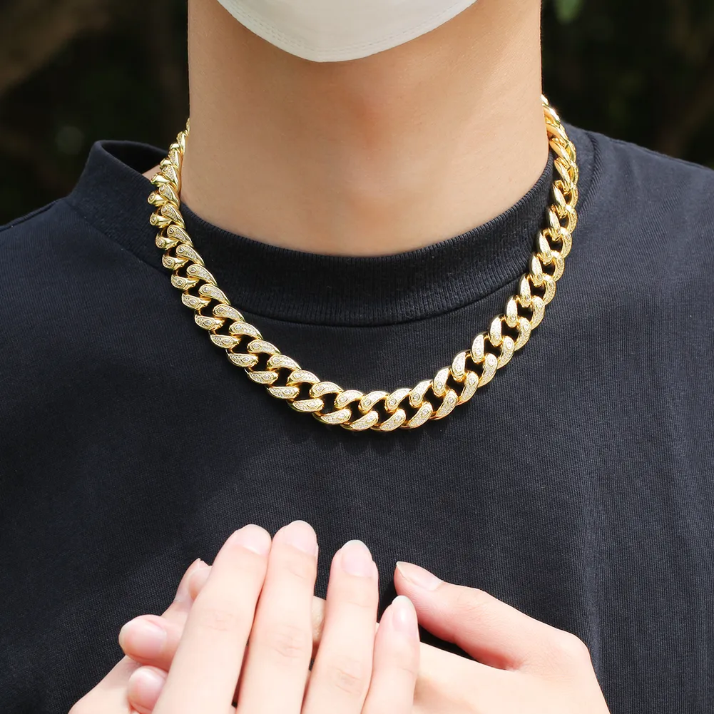 Hip Hop Cuban Chain Necklace For Men 15.5mm Diamond, Gold Accents