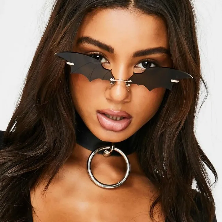 Óculos de sol na moda personalidade cortada borda óculos de sol sem aro exagerado óculos em forma de morcego