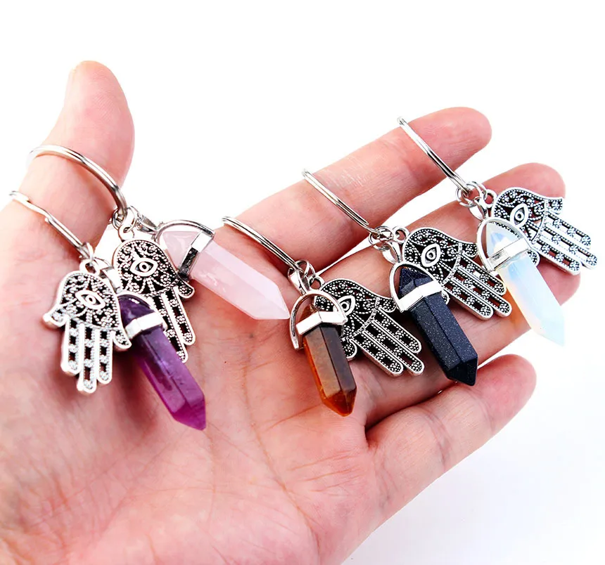 Keyring Jewelry Healing Crystals Amethyst Rose Quartz Bead Chakra Healing Point Women Men Natural Stone Fatima Hamsa Keychain