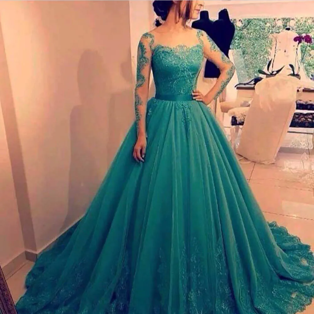 Dostosowana Koronkowa Suknia Teal Blue Prom Dress Długie Rękawy Koronkowa Aplikacja Elegancka Arabia Saudyjska Formalna Suknia Party Party