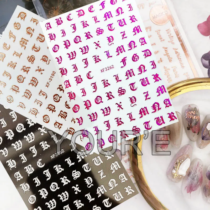 2 Sheets Cursive Letter Stickers for Resin Nails Metallic Alloy