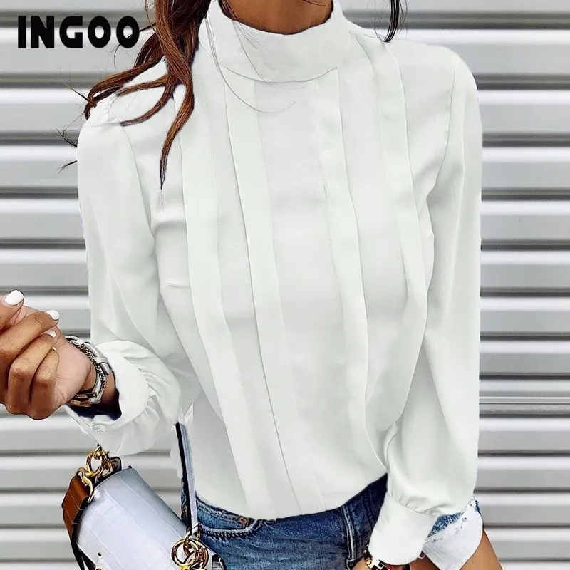 INGOO Autumn Turtleneck Office Women Shirt Lantern Long Sleeve Ruched Pleated Blouses Button Elegant Blue White Shirts Female MX200407