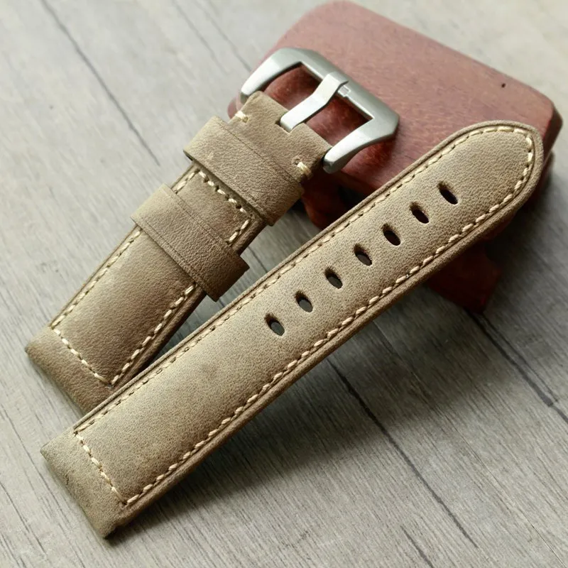 24 mm heren horlogeband echte gekke paardenleren horlogeband met gespeld polsbandje voor fitpane 44 mm heren horloges riem groothandel