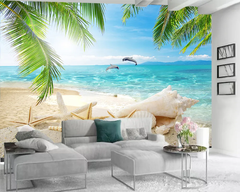 3D Papel de Parede 3D Foto 3d Papel de Parede Romântico Superfície do Mar Dolphin Conch Mar Estrela do Mar Bedrowcovering Wallcovering HD papel de parede