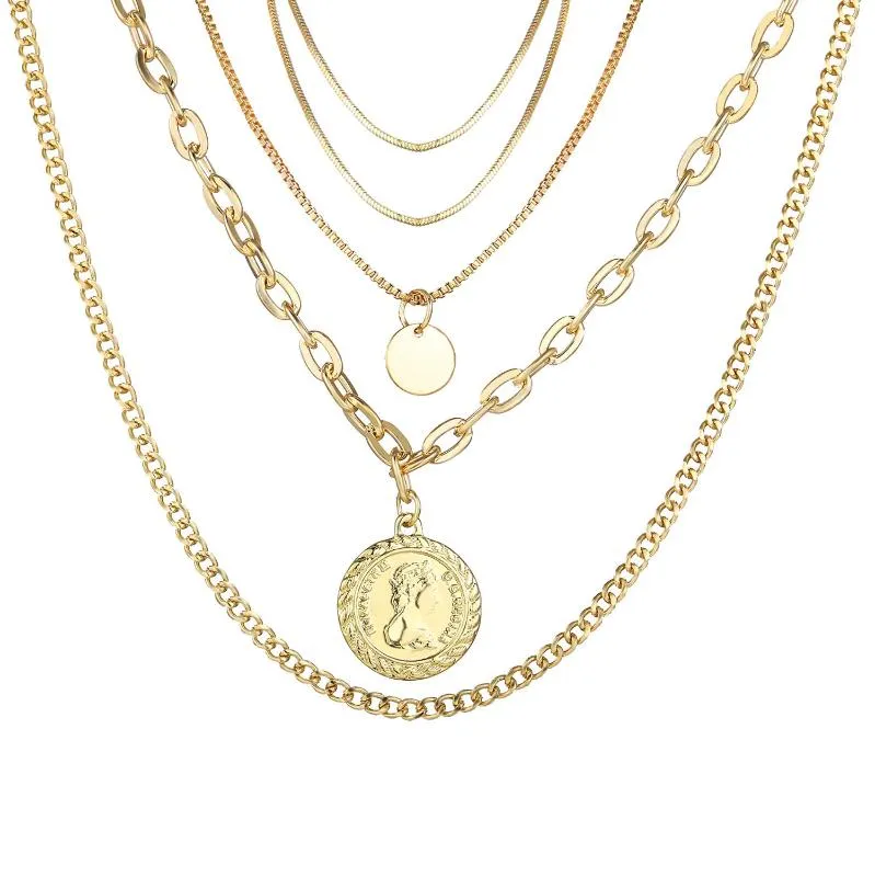 Mode Layered Chain Gold Layered Plated Seal Pendant MultiLayer Halsband Män Smycken Vintage för Tillbehör Kvinnor Jewlery