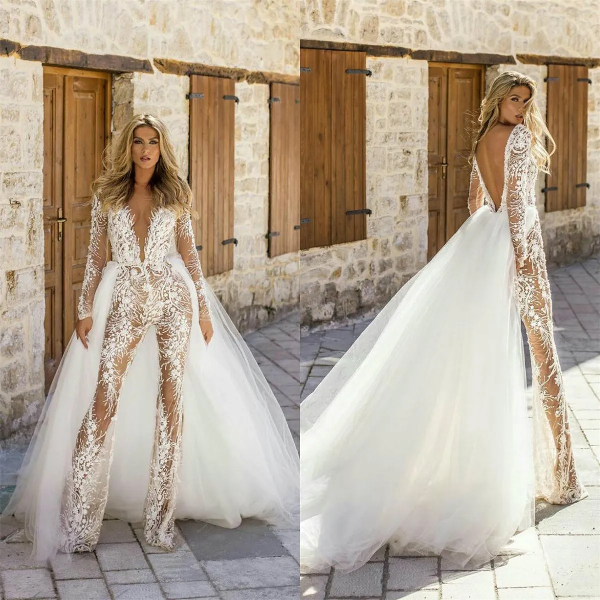 Combinaison en dentelle à col en V profond, robes de mariée transparentes avec traîne détachable, manches longues, 2021