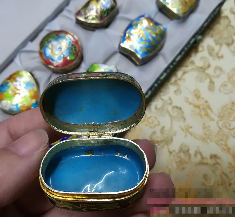 Hela kinesiska gamla Peking cloisonne smycken låda lådan koppar däck emalj 1 set 8pcs279g