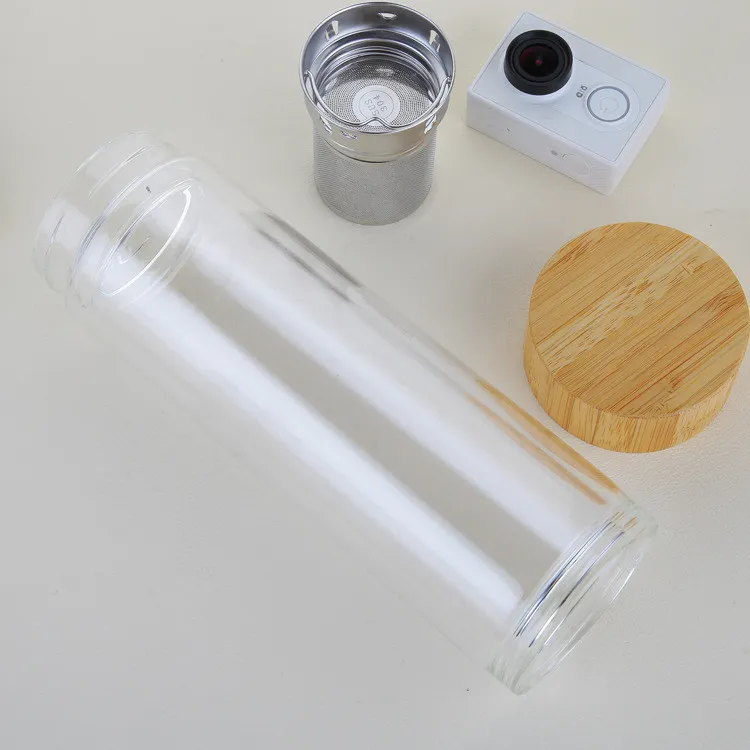 Copo de água com tampa de bambu 450ml, copo de chá de vidro de parede dupla com filtro e cesta de infusor, garrafa de água de vidro 306f