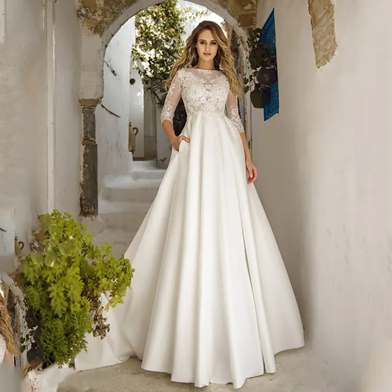 Simple and Elegant Satin A-Line Wedding Dress with Boat Neck and