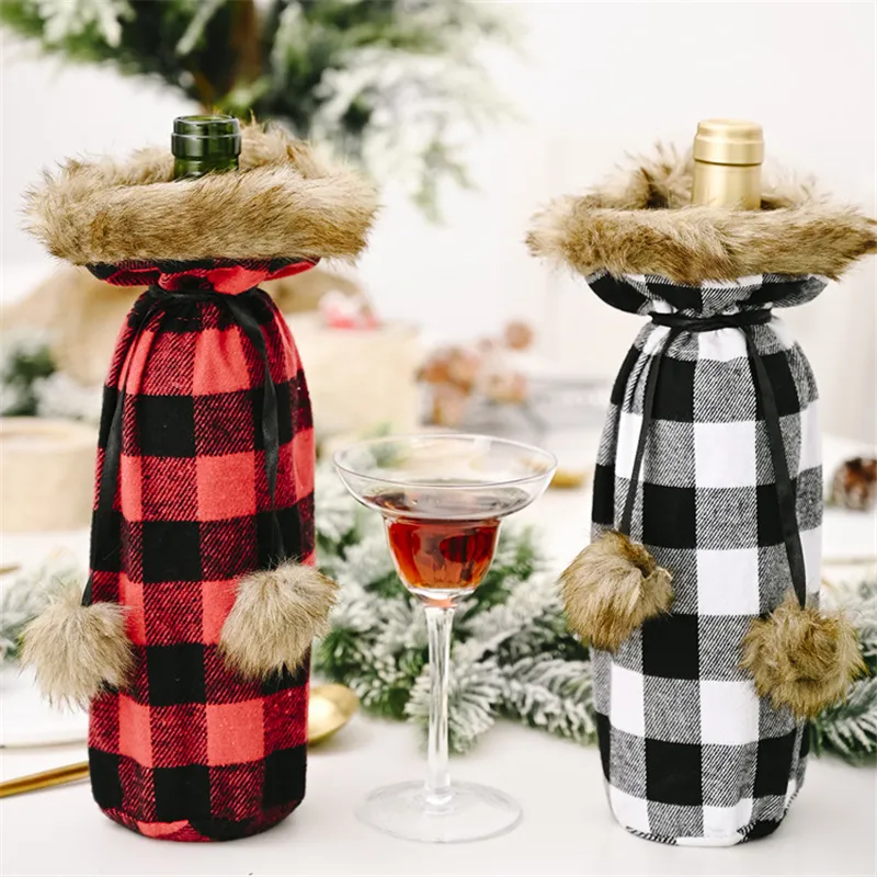 Buffalo Plaid Wino Butelka Pokrywa Dekoracyjne Faux Fur Mankiet Sweter Uchwyt Butelki Wino Prezent Torby Party Ornament GWD1779