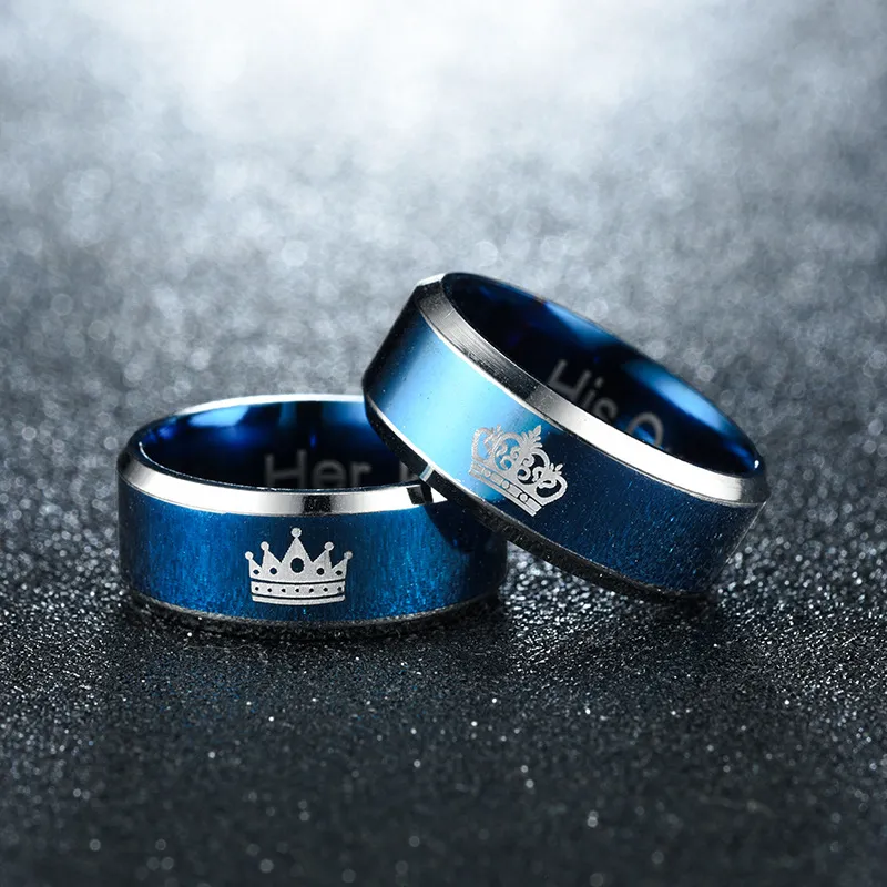 Couronne bleue son roi sa reine Anneaux bande Acier inoxydable femmes hommes couple bague bijoux de mode volonté et cadeau de sable