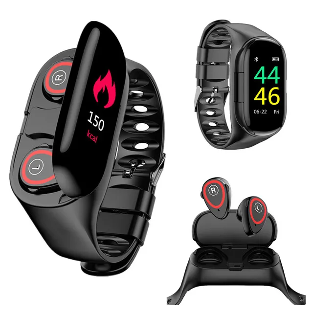 M1 2 in 1 Wireless BT Auricolari universali Braccialetti intelligenti Health Tracker Pedometro Monitoraggio della pressione sanguigna Braccialetti intelligenti per tutti gli smartphone